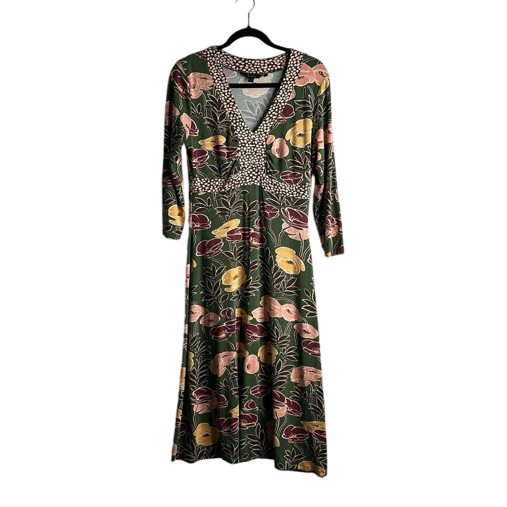 Boden Green Floral Midi Dress with Pink and Yellow Blooms